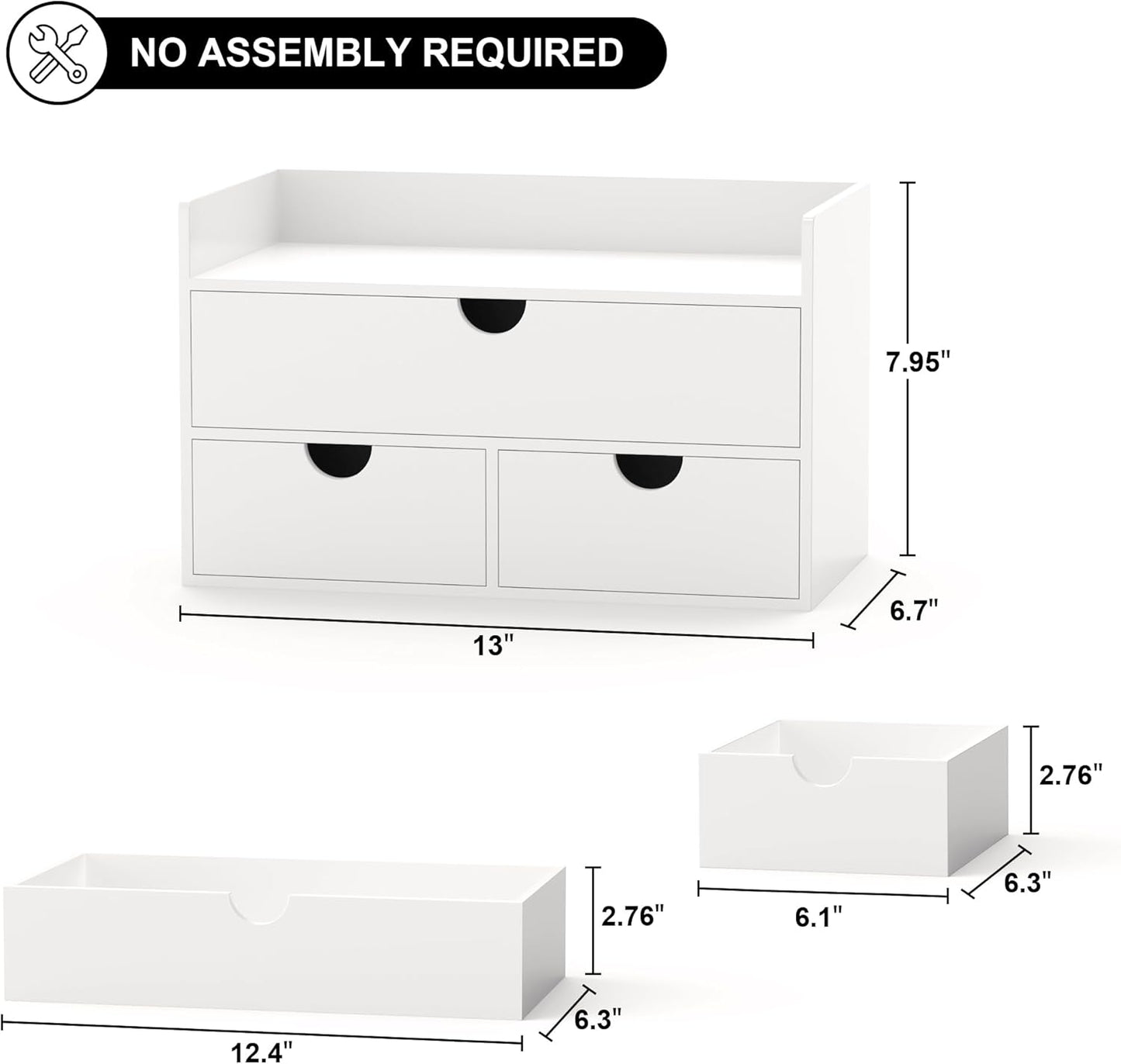 Bamboo Desk Organizer with Drawers Desktop Storage Drawers for Bills Office Supplies Kitchen Utensils Organizing Tool for Home Classroom Organization No Assembly (White with Shelf)