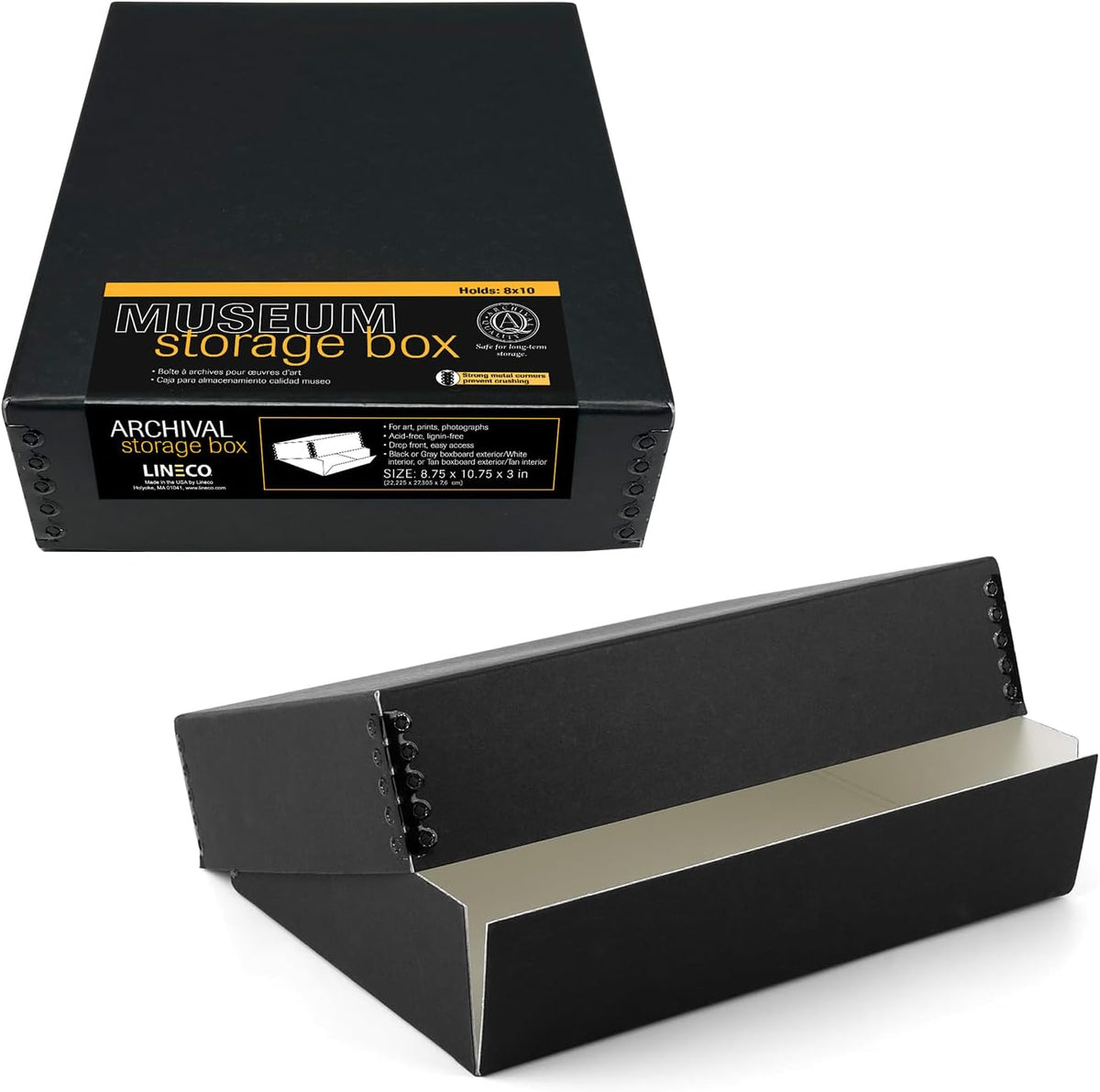 Lineco Museum Archival Drop-Front Storage Box, Acid-Free with Metal Edges, 8.5 X 10.5 X 3 inches, Black (733-2008), Set of 2