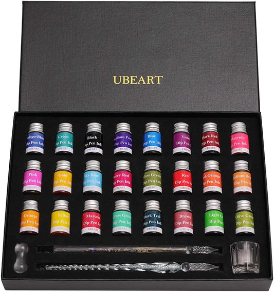 Glass Dip Pen Set,28 Pieces Calligraphy Set Includes 24 Color Inks Cleaning Cup Pen Holder 2 Crystal Glass Pens,Calligraphy Kit Ideas for Birthday Graduation Gifts Beginners
