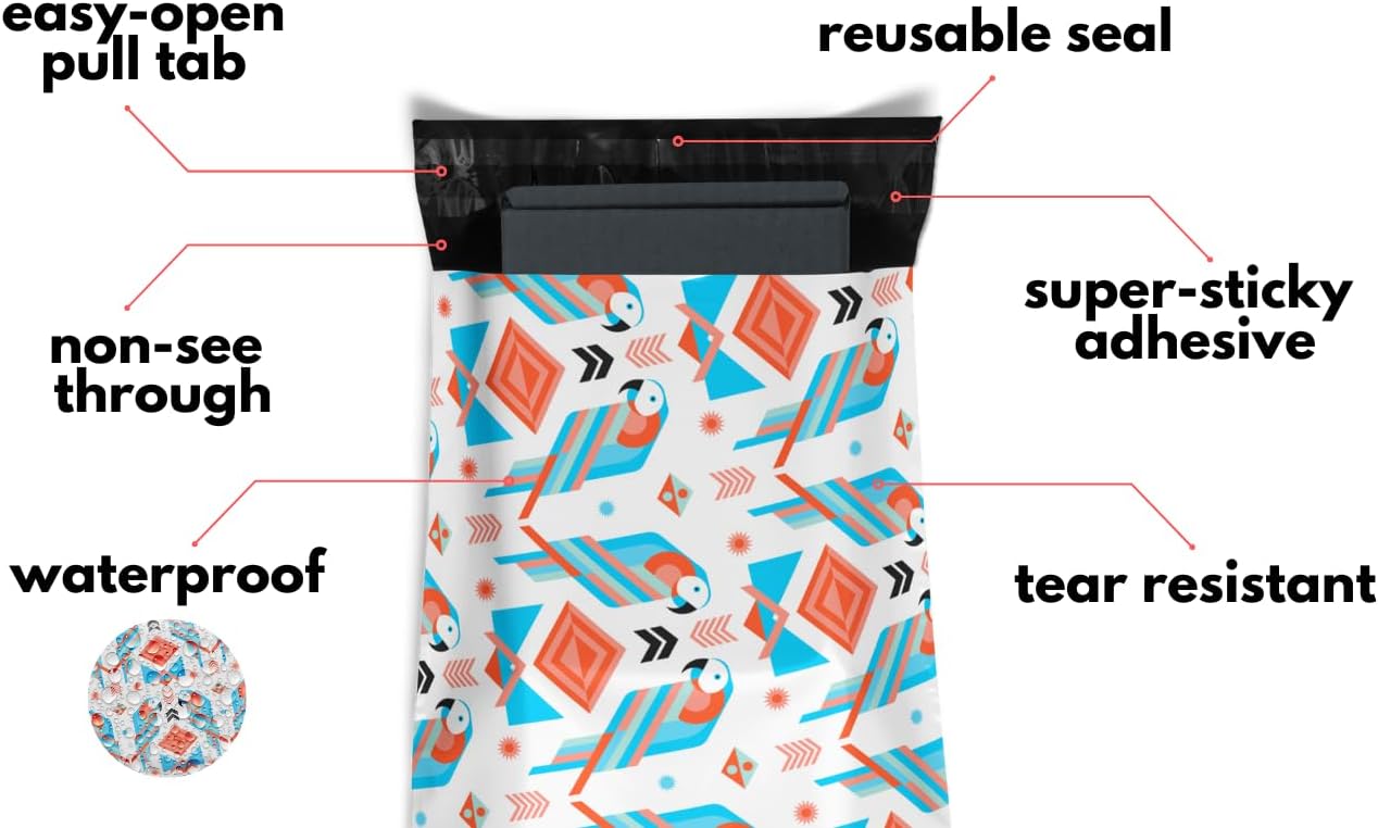 Poly Mailers 10x13 100 Pack | Self-Sealing Shipping Bags Envelopes for Small Business | Waterproof Durable Packaging | Parrot | Tropical Beach Bird Animal Pink Teal | à la mode Mailers