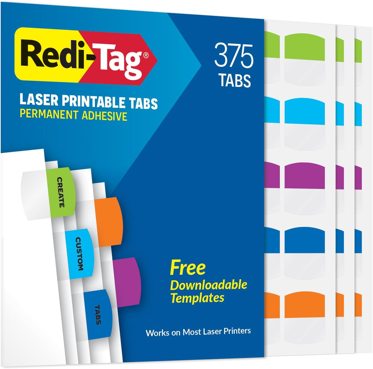 Redi-Tag Laser Printable Tabs, Permanent Index Tabs, Customizable Adhesive Labels, Assorted Tropical Colors, 1.125" x 1.25", 375 Per Pack (1006789)