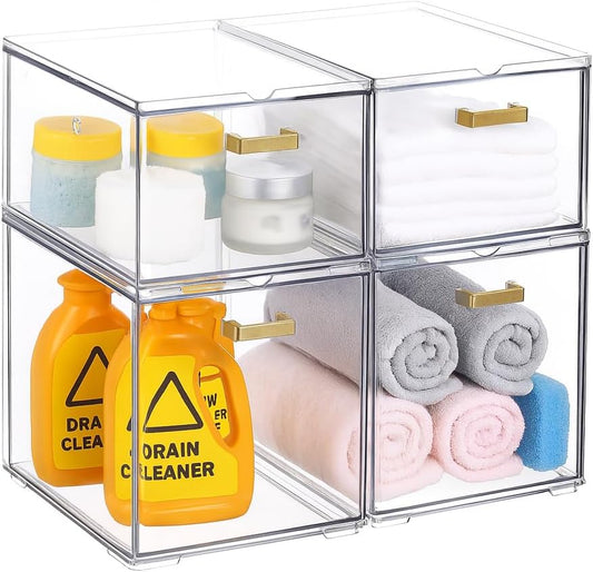 4 Pack Plastic Storage Bins, Acrylic Bathroom Makeup Organizer with Handle, Clear Small Stackable Storage Drawers for Vanity, Home, Kitchen Cabinet, Pantry, UnderSink Organization(6.7"D x 10.6" x 8"H)