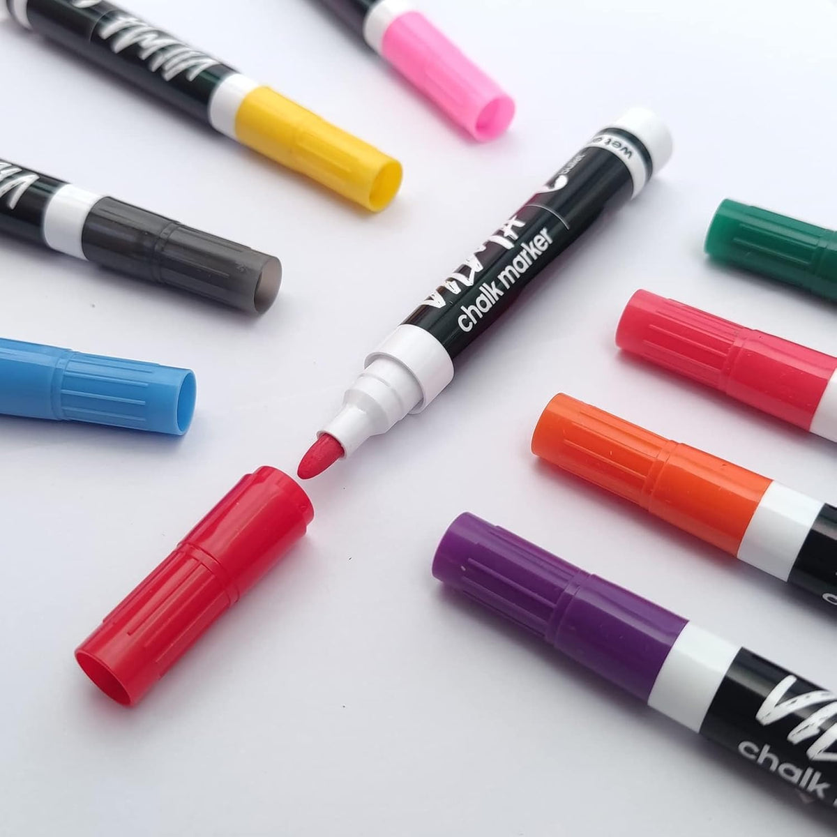 VILMA Liquid Chalk Markers 36 Pack – 12 Bright Colors – Wet Erase, Dust-Free, Non-Toxic Chalk Pens with Round Tip for Teachers, Classrooms, Chalkboards, Glass, Windows, LED Boards, Bistro Signs
