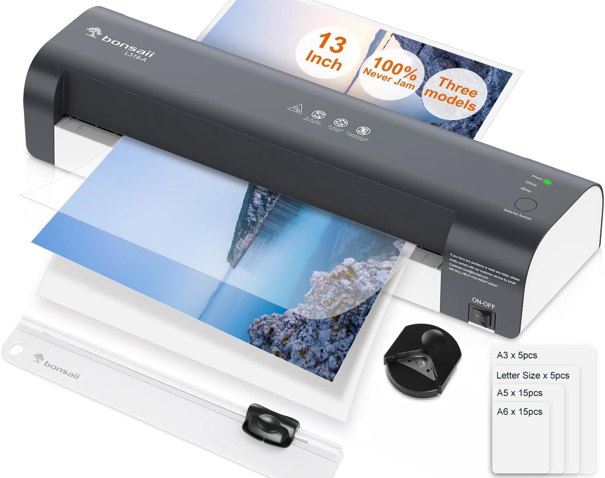 Bonsaii Laminator, 13 Inch 7-in-1 Thermal Laminator Machine with Never Jam Technology, with 40 Laminting Sheets for Home, Office, and Classroom Organization Supplies