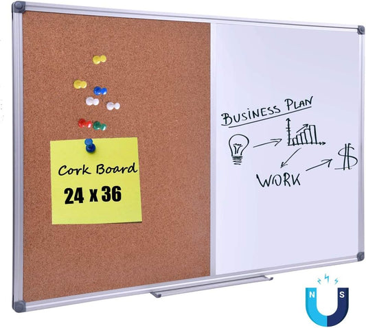 36" x 24" Cork & Dry Erase Board - Magnetic Whiteboard & Bulletin Board Combo - Wall Mount or Hanging for Office/Classroom/Home, Silver Frame