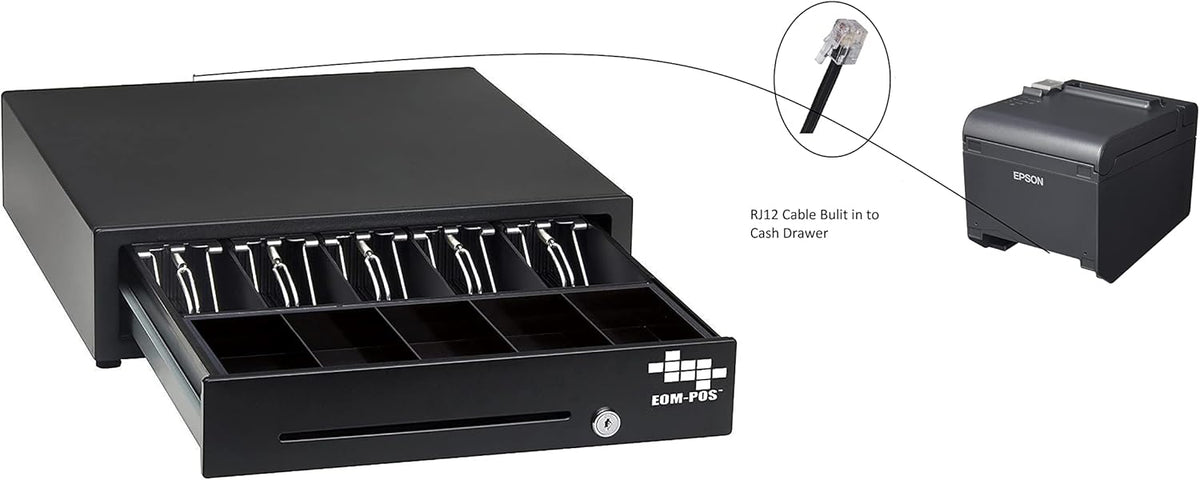 Cash Register Money Drawer + Mounting Brackets for Under Counter Installation. Built in Cable to Connect to Printer. Compatible with Square [Receipt Printer Required](Printer Driven)