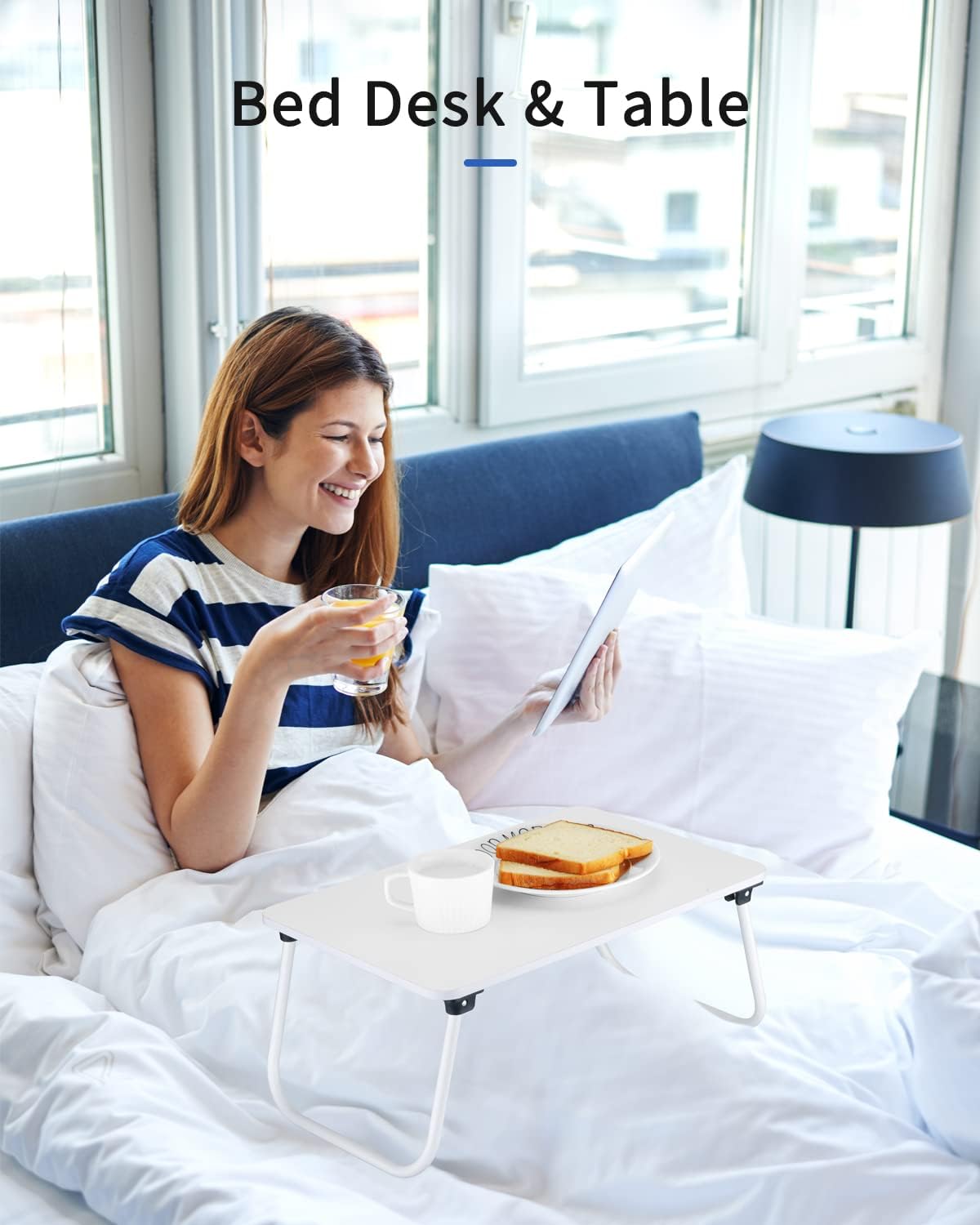 Folding Lap Desk, Ruxury Laptop Stand Bed Desk Table Tray, Breakfast Serving Tray, Portable & Lightweight Mini Table for Sofa Couch Floor - White