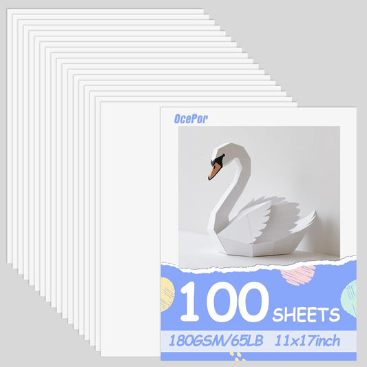 OcePor 100 Sheets White Cardstock 11” x 17”, 65lb/180gsm White Card Stock, Thick Card Stock Paper, Heavy Cardstock Paper for Printer, Resume, Scrapbooks, Art, Crafts, Business Cards
