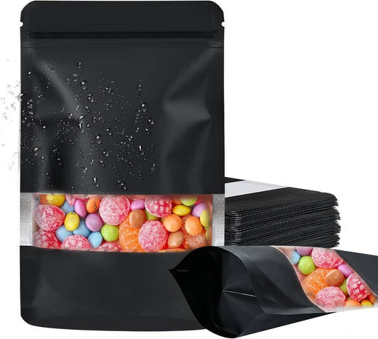 100 Pack Smell Proof Bags, Resealable Food Storage Bags with Clear Window, Stand Up Smell Proof Mylar Bags Self Seal Foil Pouches for Food Storage Packaging (Black, 5.5 x 7.87 Inch)