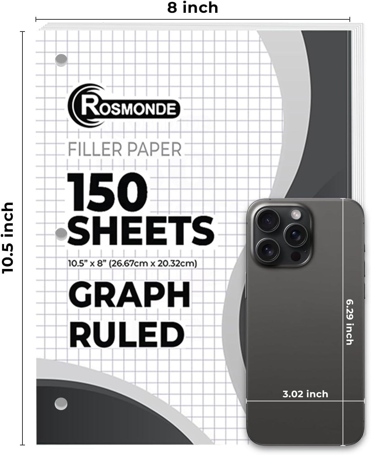 6 Pack Graph Paper, 900 Sheets, 4x4 Loose Leaf Paper, 8" x 10.5", 3 Hole Punched for Binders, Grid Paper, 54 GSM Thick Graphing Paper, Quad Ruled Paper, Notebook Paper for School & College
