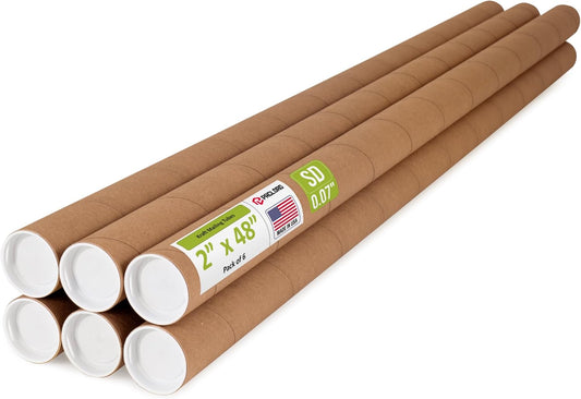 2" x 48" Reinforced Kraft Paper Mailing Tube, Pack of 6 Tubes with 12 Caps – Secure USPS Approved Poster Tube – Cardboard Tube for Shipping and Storing Posters, Prints, Artwork, or Documents