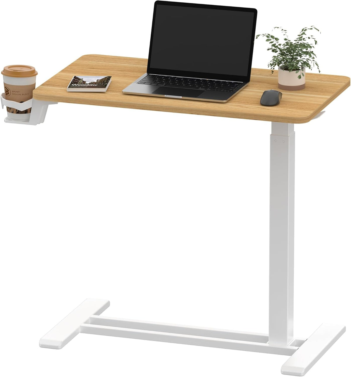 SANODESK Medical Adjustable Overbed Bedside Table with Hidden Casters, Pneumatic Mobile Laptop Computer Standing Desk Cart with Tray, Hospital and Home Use(27.6" W x 15.7" D, Maple)