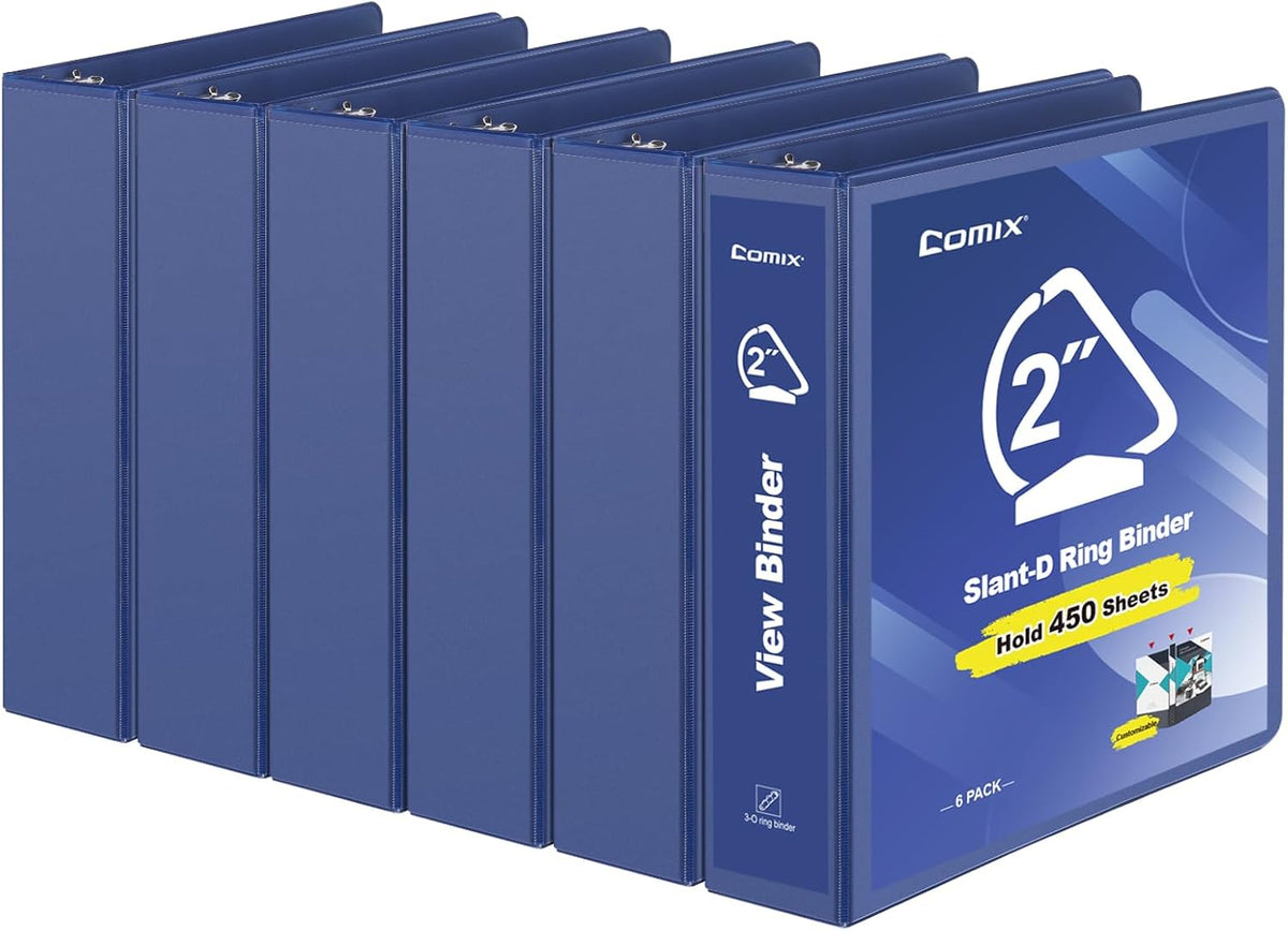 COMIX Sturdy 3 Ring Binder 2 inch with Clear View Cover, 2" Slant-D Ring View Binder Holds 500 Sheets of US Letter Size Paper, 6 Pack (Blue)