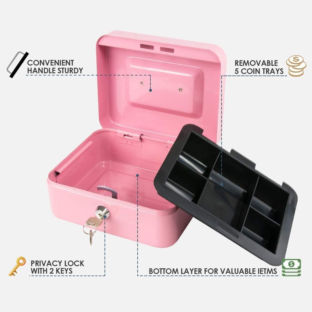 xydled Locking Steel Medium Cash Box with Removable Coin Tray and Key Lock,7.87"x 6.30"x 3.54",Pink