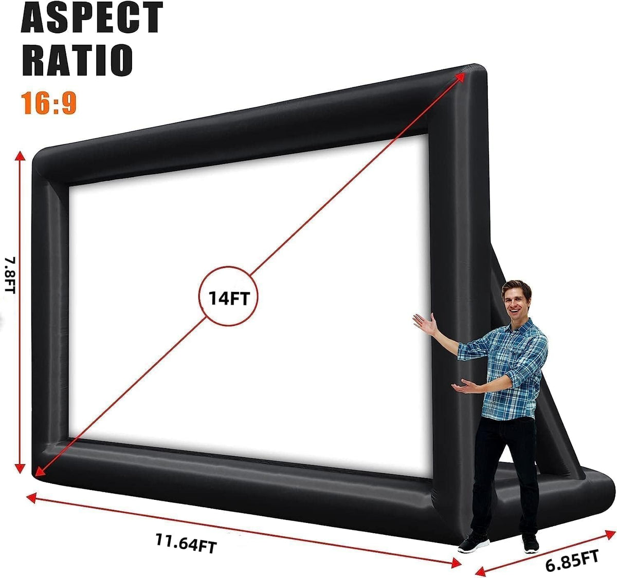 PioneerWorks 14 FT Inflatable Projector Screen， Outdoor Movie Screen Blow Up for Movie Parties Backyard Outside with Air Blower and Carry Bag, Front and Rear Projection