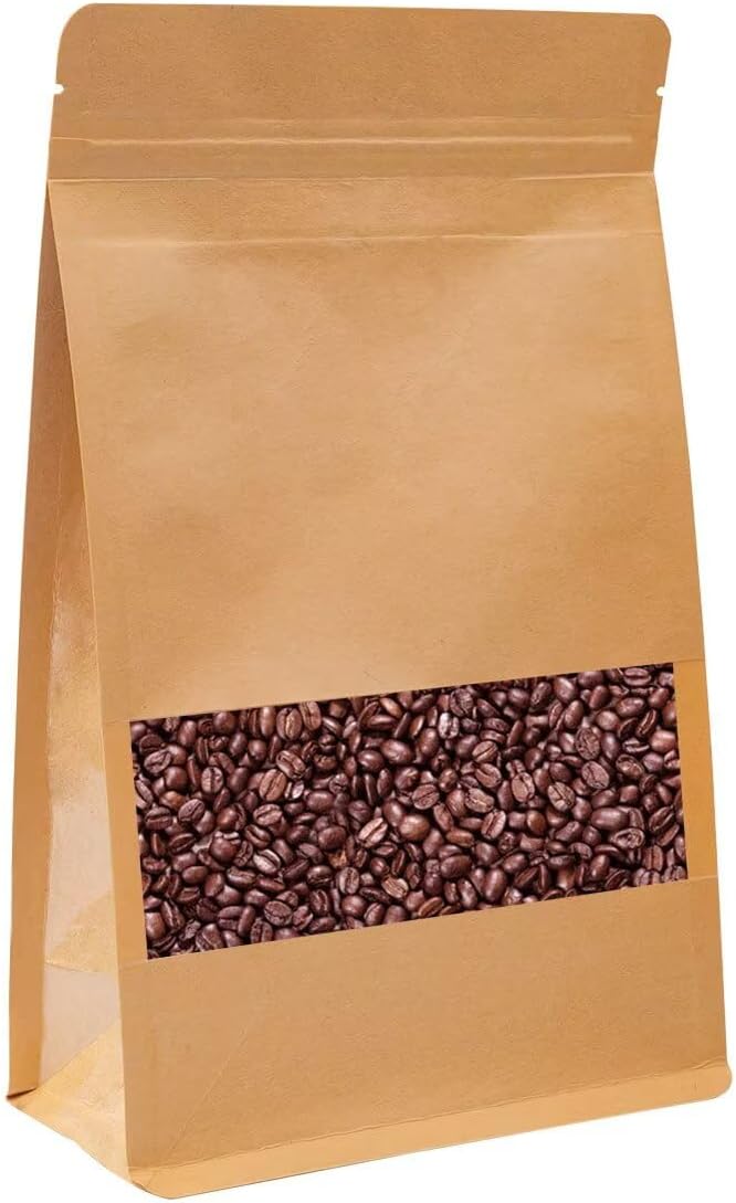 Stand Up Kraft Pouch Bags,Reusable Zip Lock Sealing & Notch Matte Transparent Window Bags, Resealable Zip Lock Food Storage Bag,11.8 x 7.9 + 3.14 Inches, Pack of 50