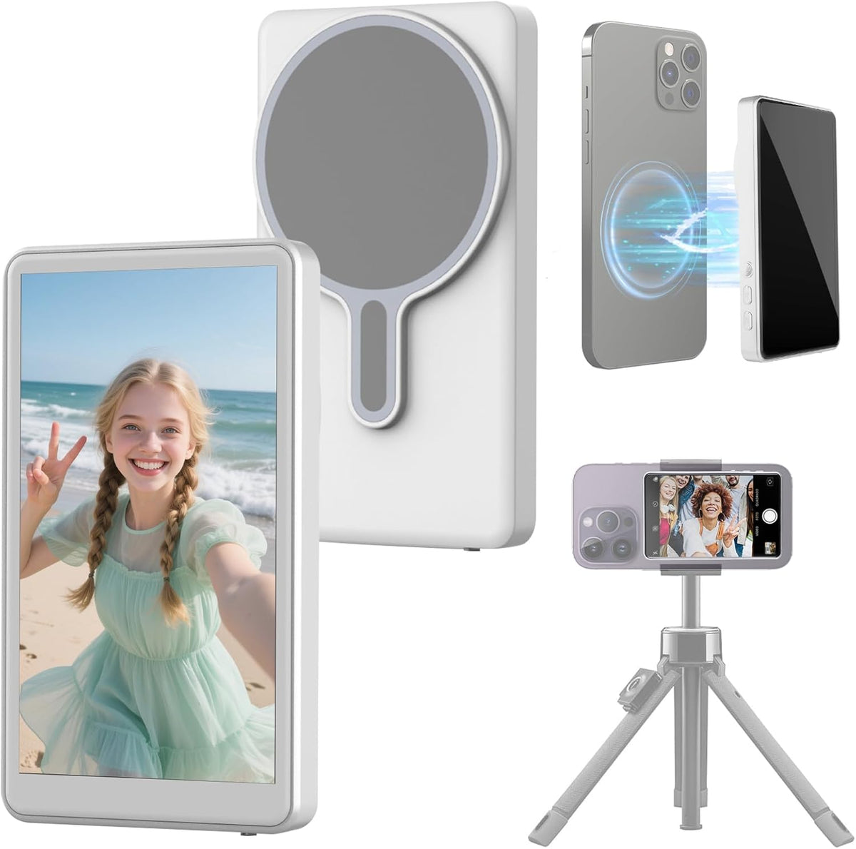 Selfie Monitor Screen iPhone, Vlog Magnetic 4K 60fps Video Recording for iPhone & Android, Back Camera Monitor iPhone with Bluetooth Remote No Delay Live Stream for TikTok White