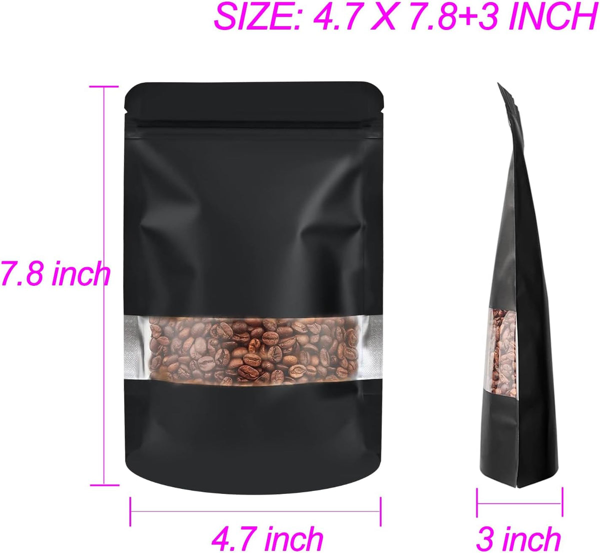 100 Pack Smell Proof Bags, Resealable Food Storage Bags with Clear Window, Stand Up Smell Proof Mylar Bags Self Seal Foil Pouches for Food Storage Packaging (Black, 4.7x 7.87 Inch)