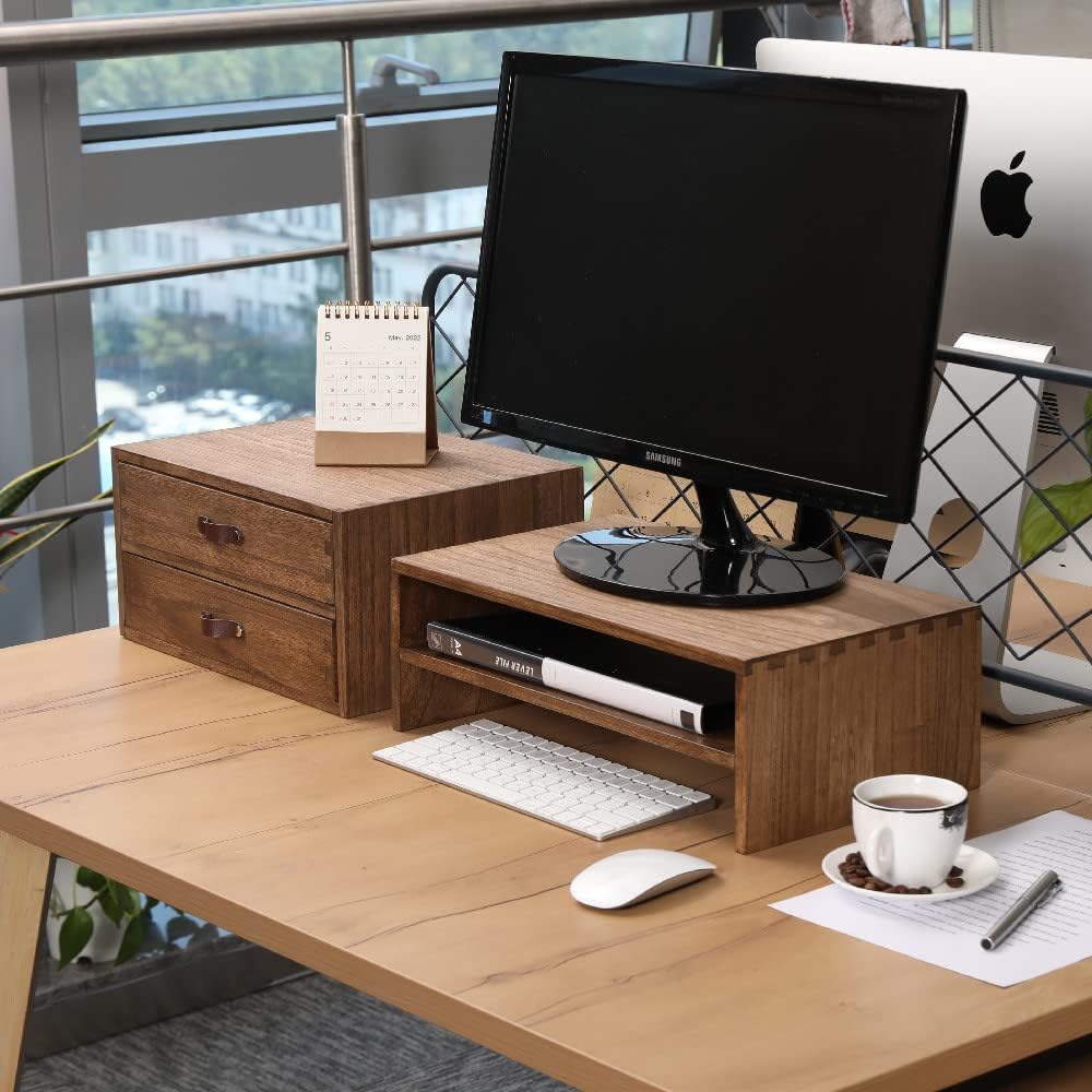 Wood 2 Drawer Desktop Organizer Cabinet - Desk Storage Box for Kitchen Counter,Dresser Tabletop -Wooden File Organizer Printer Machine Stand for Office Accessories Chest Dark (FAX2C-DK）