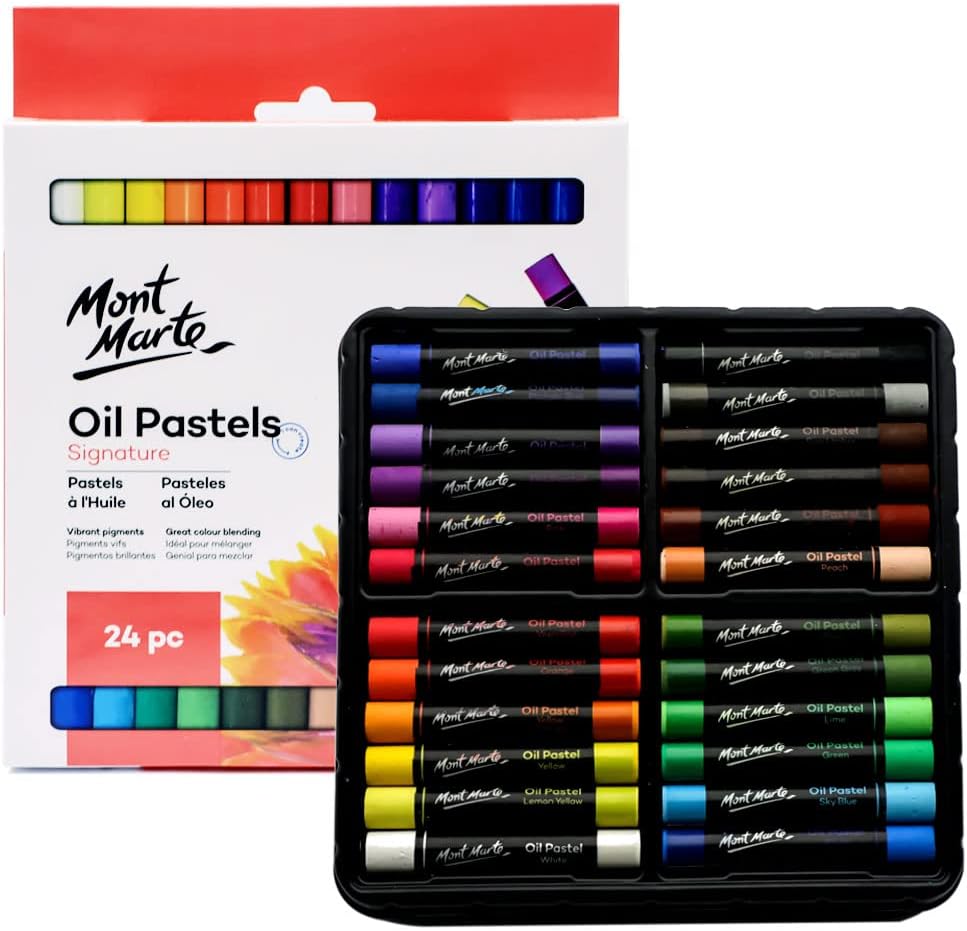 Mont Marte Oil Pastels Signature 24pc, 24 Assorted Colors, Vibrant Oil Pastel Set, Great Blending and Layering, Ideal for Art, Craft, Coloring and Sketching