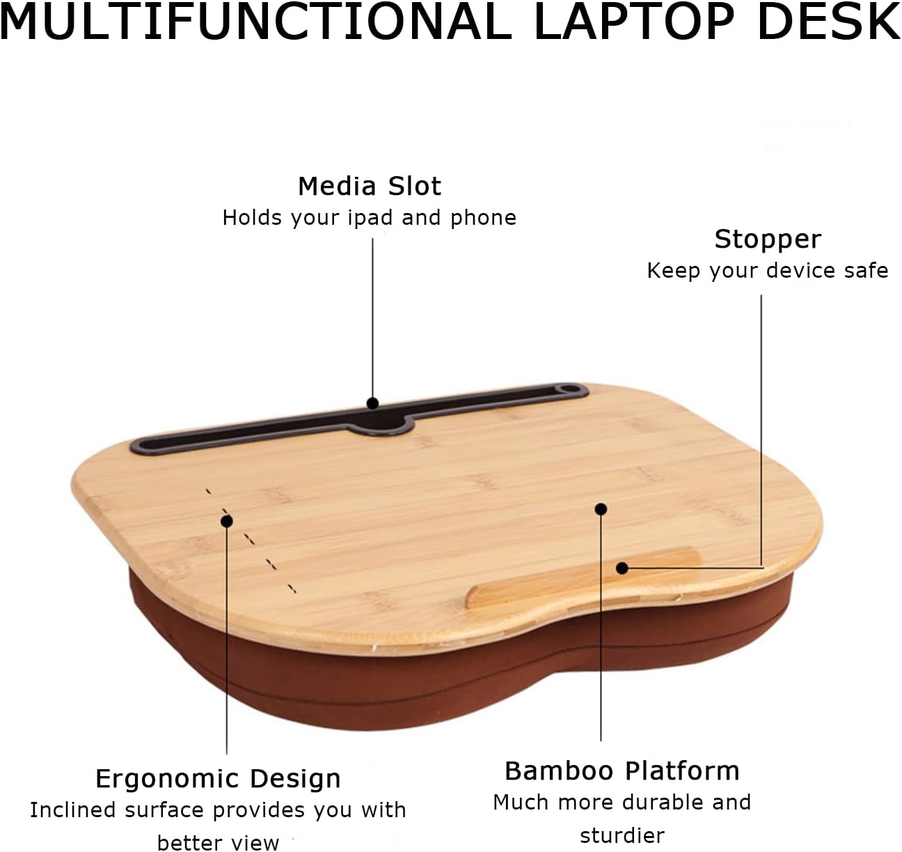 SUMISKY Lap Desk for 14" Laptops-Bamboo Laptop Desk with Cushion & Phone Holder, Portable Laptop Stand with Tray, 15x11 Inches with Bag