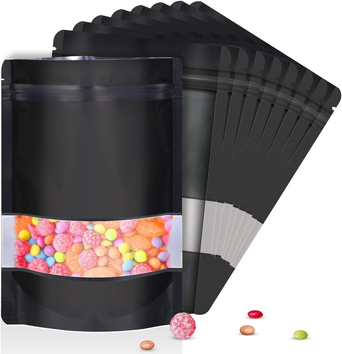 6.3"x9.5" 120pcs Mylar Bags for Food Storage,Smell Proof Bag with Matte Window Resealable Food Storage Bags for Small Business, Stand-up Foil Pouch Packaging Freeze Dried Candy Bag（Black）