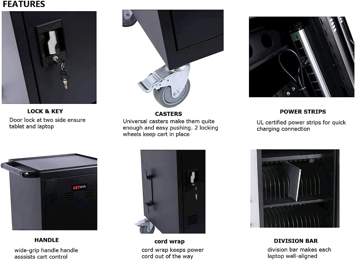 30-Device Mobile Charging Cart and Cabinet, Safety Charging Cart for iPads, Chromebooks, Tablets, Laptops