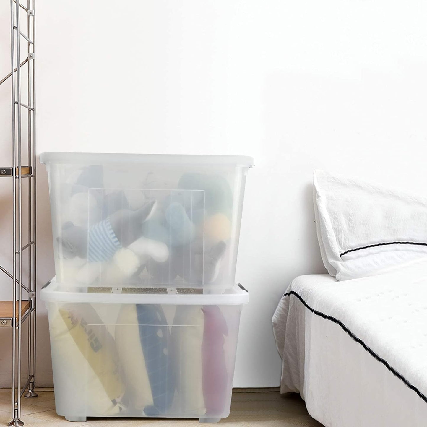 4 Pack Large Plastic Storage Boxes, Large Lidded Storage Bins with Wheels, 70 L