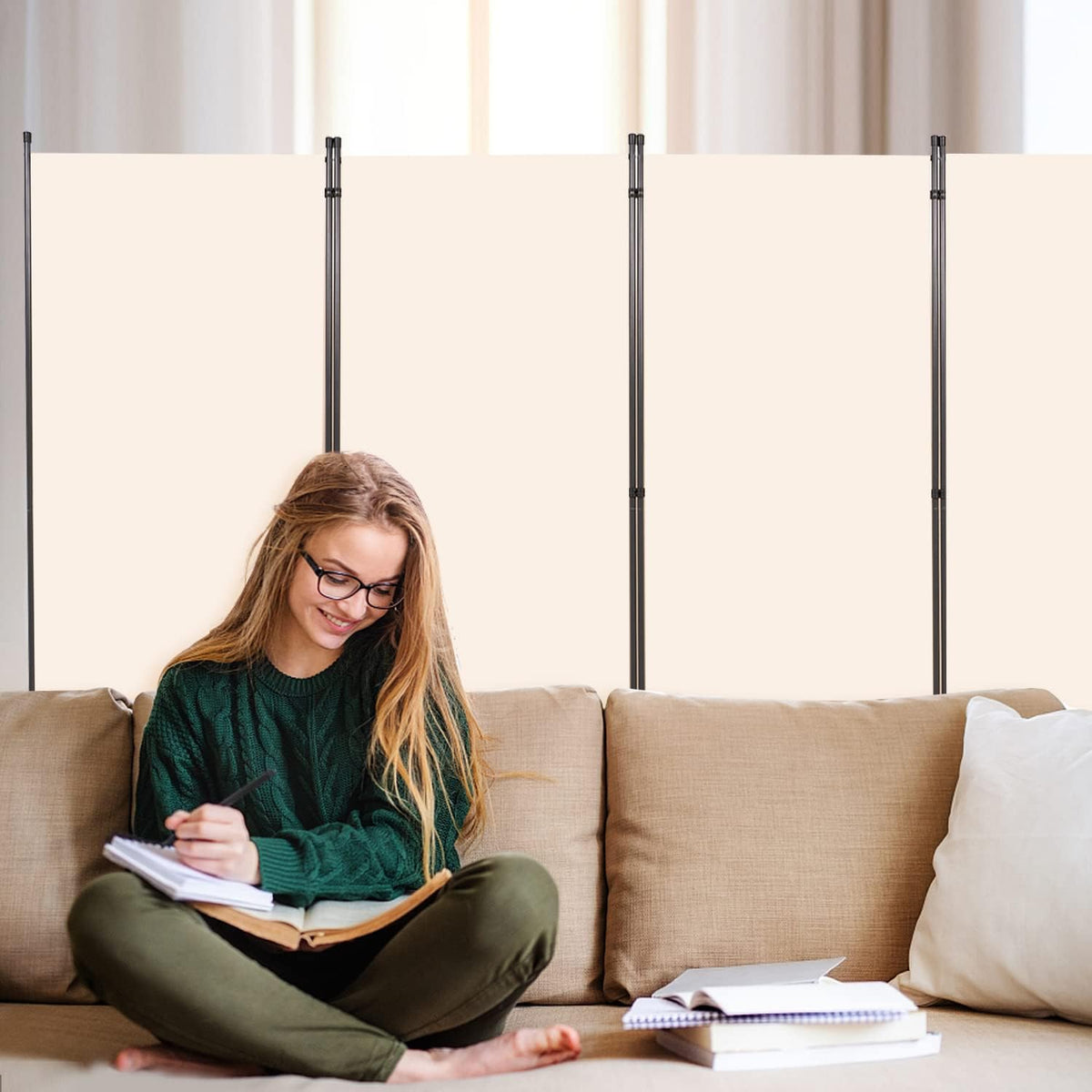 Room Divider 6FT Folding Privacy Screens, Partition Room Dividers w/Freestanding Design, Portable Wall Divider for Room Separtation, Fabric Screen Panel for Home Office Dorm (Beige, 4 Panel-Round Pad)