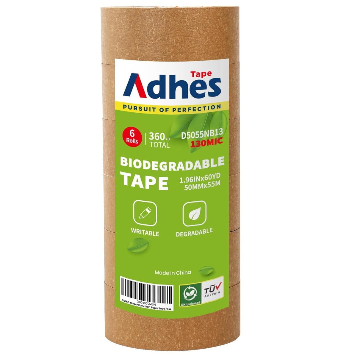 ADHES Kraft Paper Tape, 2 Inch x 60 Yards x 6 Rolls, Biodegradable Paper Packing Tape Writable & Uncoated Brown Shipping Tape for Shipping, Moving, Sealing