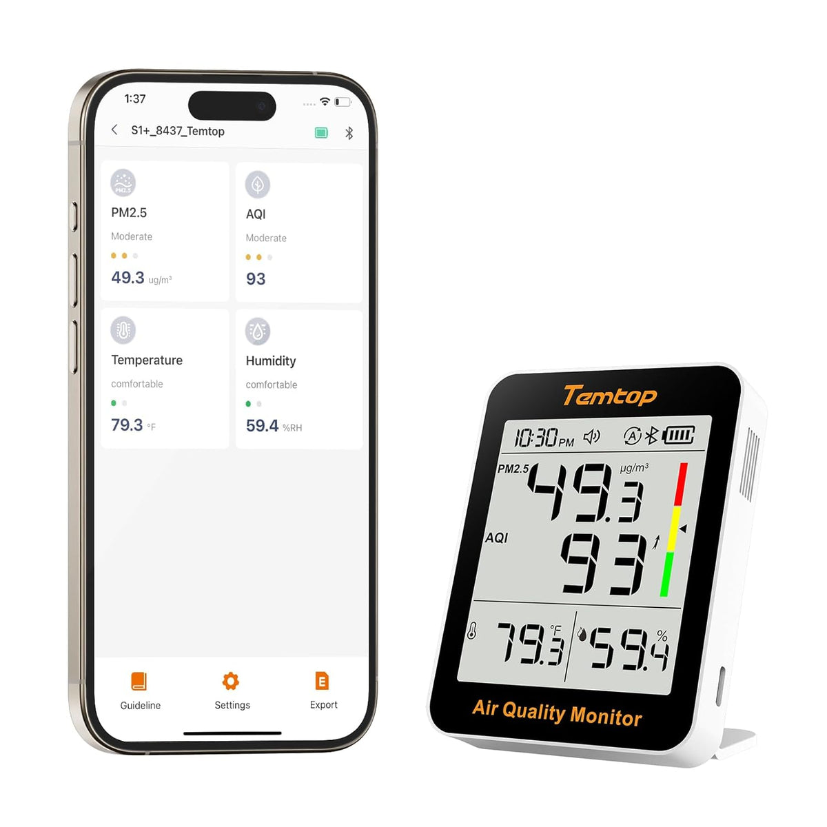 Temtop Smart Indoor Thermometer S1+, Accurate Temperature & Humidity Measurement, Real-Time PM2.5 AQI Display, Digital Hygrometer for Home, Office, or School, App Connectivity, 60-Day Battery Life