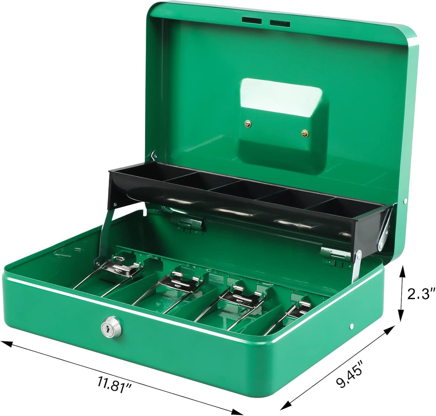 KYODOLED Locking Cash Box with Lock,Money Box with Cash Tray,Lock Safe Box with Key,Money Saving Organizer,11.81Lx 9.45Wx 3.54H Inches,Green XL Large