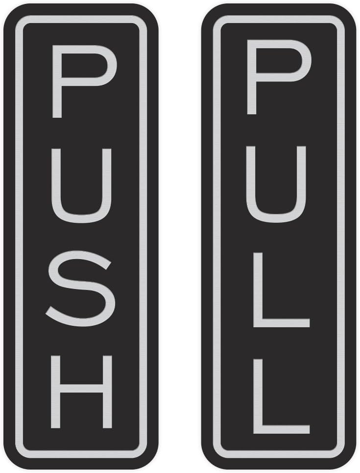 All Quality Classic Vertical Push Pull Door Signs - Great for Glass Doors | Professional Looking Signs | Easy Installation Includes Double-Sided Foam Adhesive Tape (Black/Silver) - Large (1 Pack)