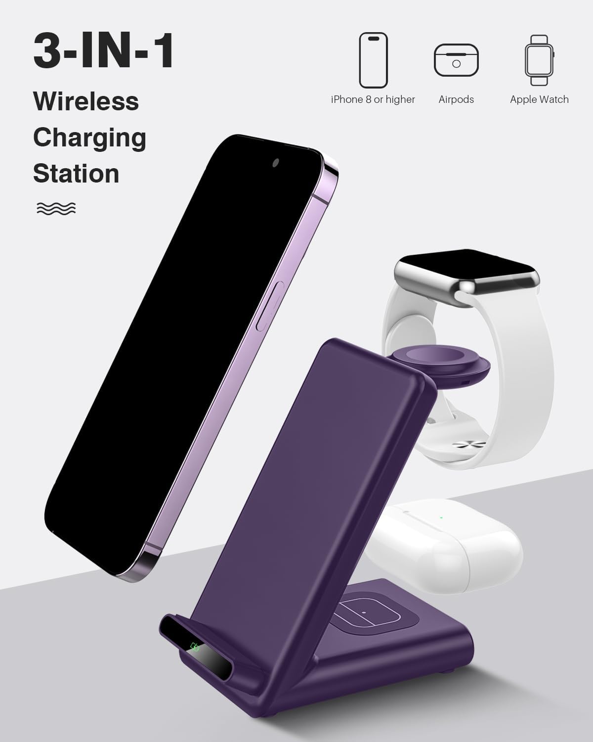Wireless Charging Station,3 in 1 Charging Stand Made for Apple Watch Ultra 11 10 9 8 7 6 SE 5 4 3,Fast Wireless Charger Made for iPhone 17/Air/16/15/14/13/12,for AirPods Pro 3(with Adapter) (Purple)