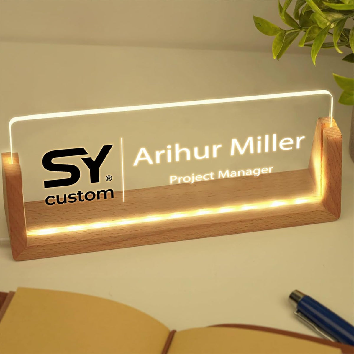 Custom Name Plate for Desk with Light Up Acrylic & Wooden Base - Personalized Office Sign for Teacher, Boss, Coworker - Employee Appreciation Gift for Educators Professionals