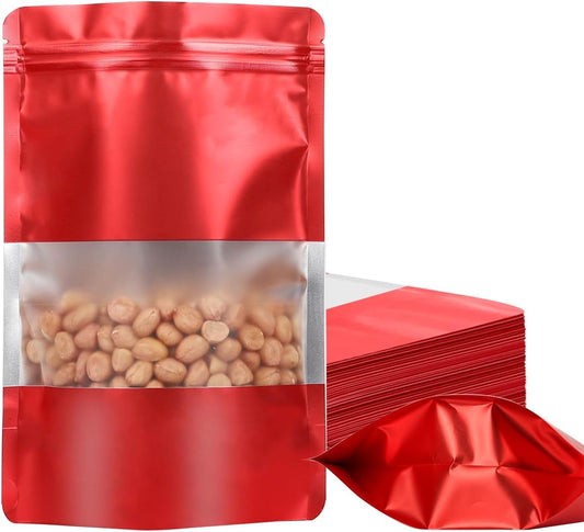 100 Pack Smell Proof Bags, Resealable Mylar Bags with Matte Window, Foil Pouch Stand-up Bags for Food Self Sealing Storage, Scratch Resistant Hand Storage Bags.(Red, 5.9×8.6 Inch)
