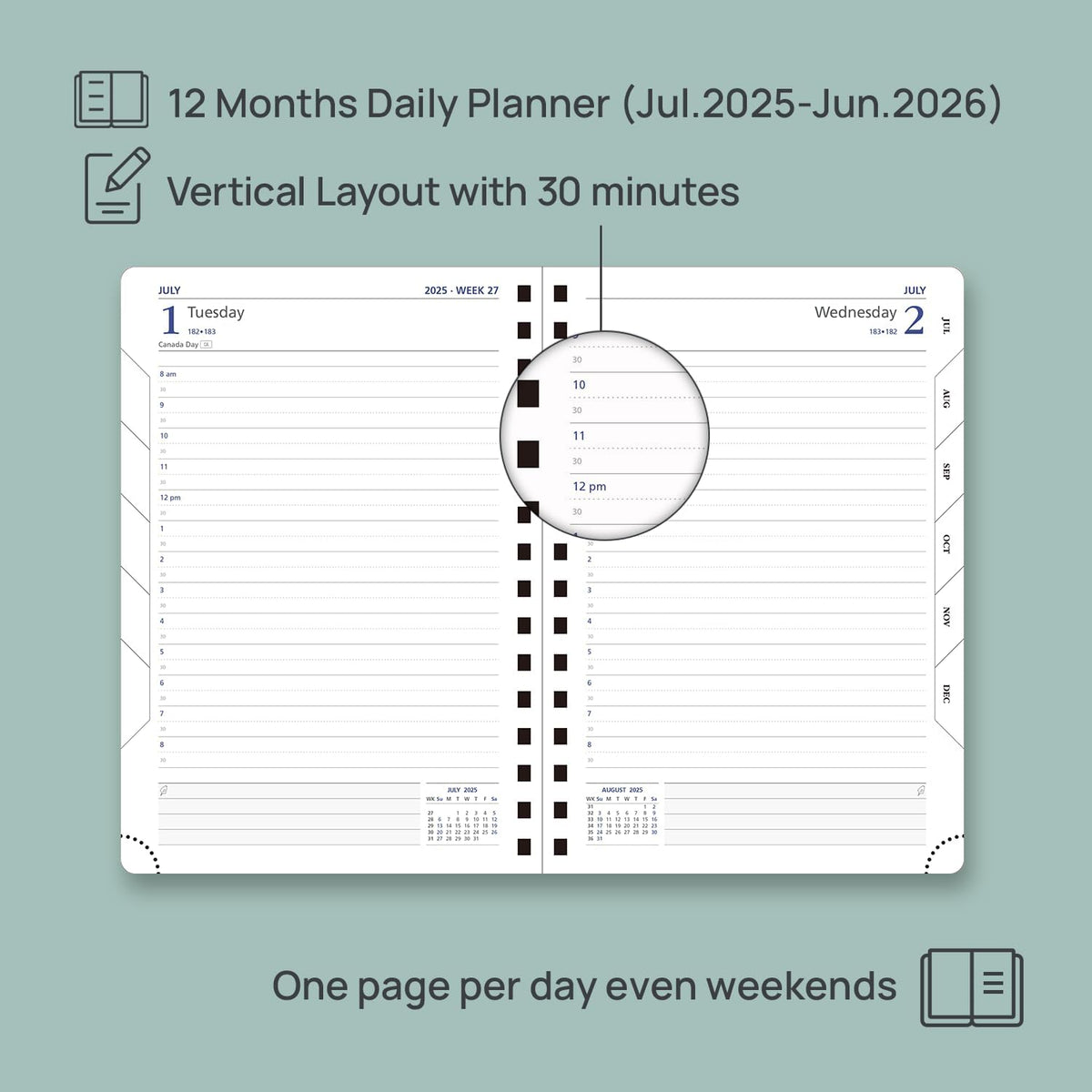 POPRUN Daily Planner 2025-2026 One Page per Day (6'' x 8.5'') with Spiral Bound Leather Soft Cover, Academic Year Appointment Book (Jul.2025 - Jun.2026) with Hourly Slots, Inner Pocket- Black
