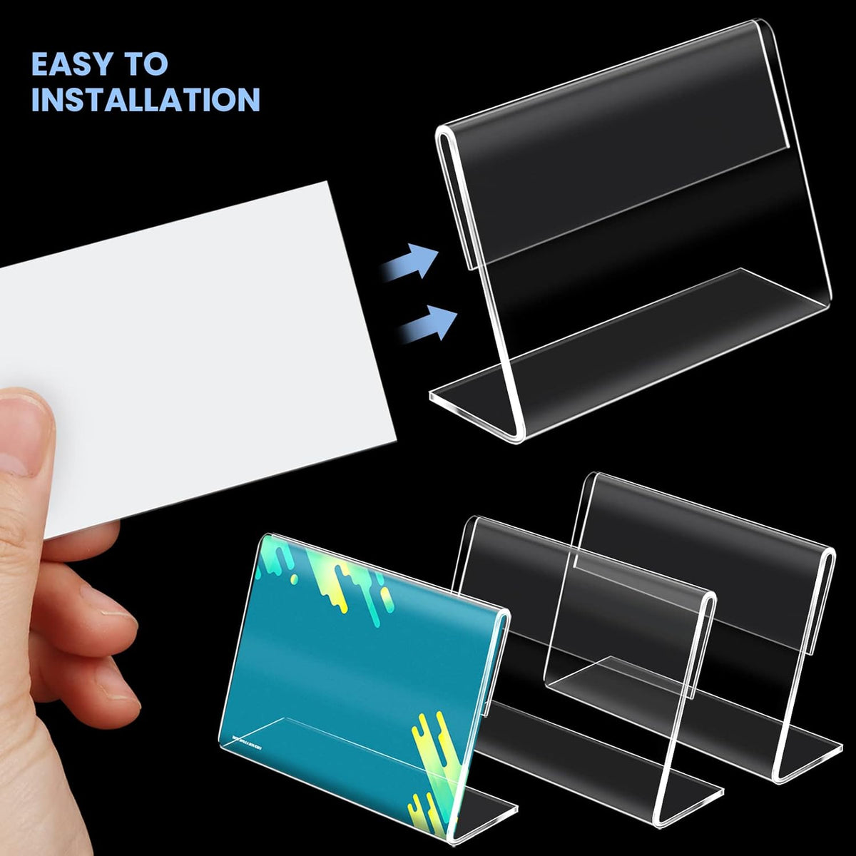 BILLIOTEAM 50pack Mini Clear Sign Display Holder with Blank Labels,3.2*2.2 Inch Horizontal Slanted L-Shape Plastic Name Card Price Card Tag Label Counter Top Stand