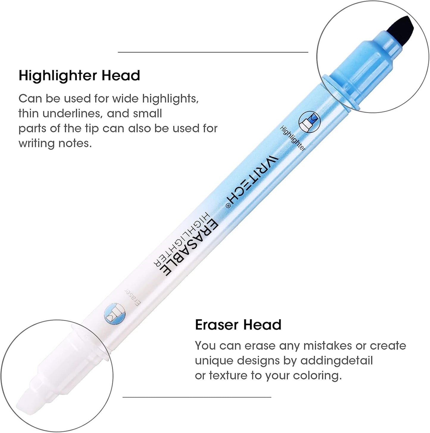WRITECH Erasable Highlighters Chisel Tip, Smooth Writing No Bleed Double Head Highlighter for Highlighting and Marking, Assorted Colors, 12 Count