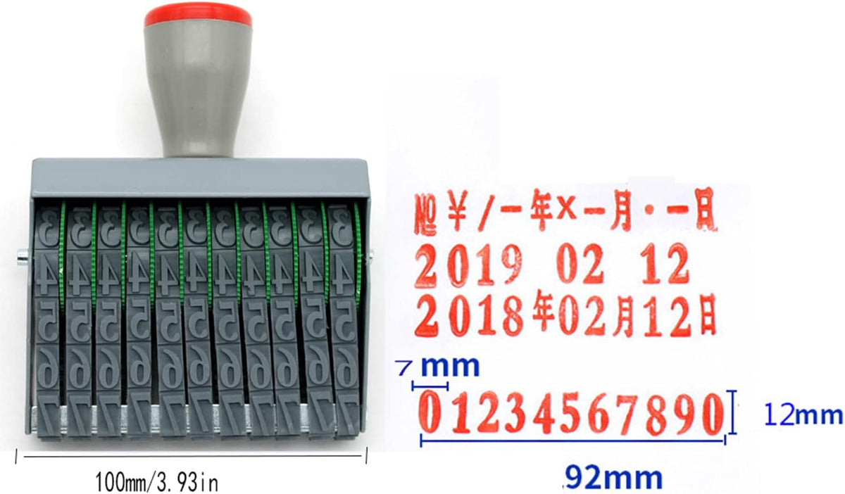 ZENG Adjustable Manual Rolling Stamp with Number 0-9 and Symbols - Metal/Rubber Office Numbering Tool, 92x12mm Imprint, Multicolor- Ink Not Included (Extra Large 11 Digit)