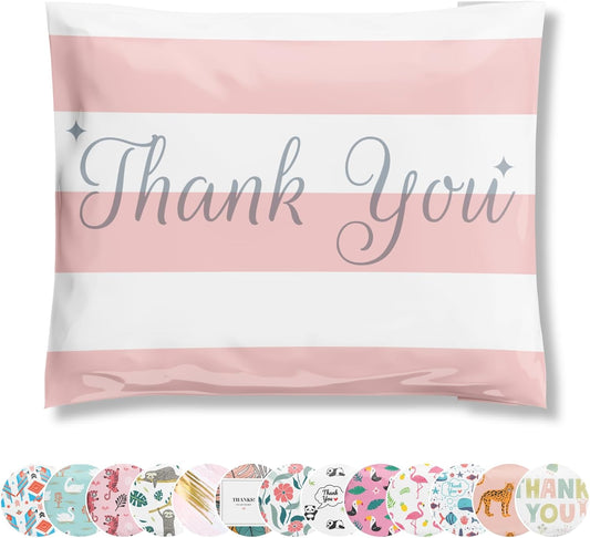 Poly Mailers 12.5x15 50 Pack | Self-Sealing Shipping Bags Envelopes for Small Business | Waterproof Durable Packaging | Thank You | Pink Stripes | à la mode Mailers