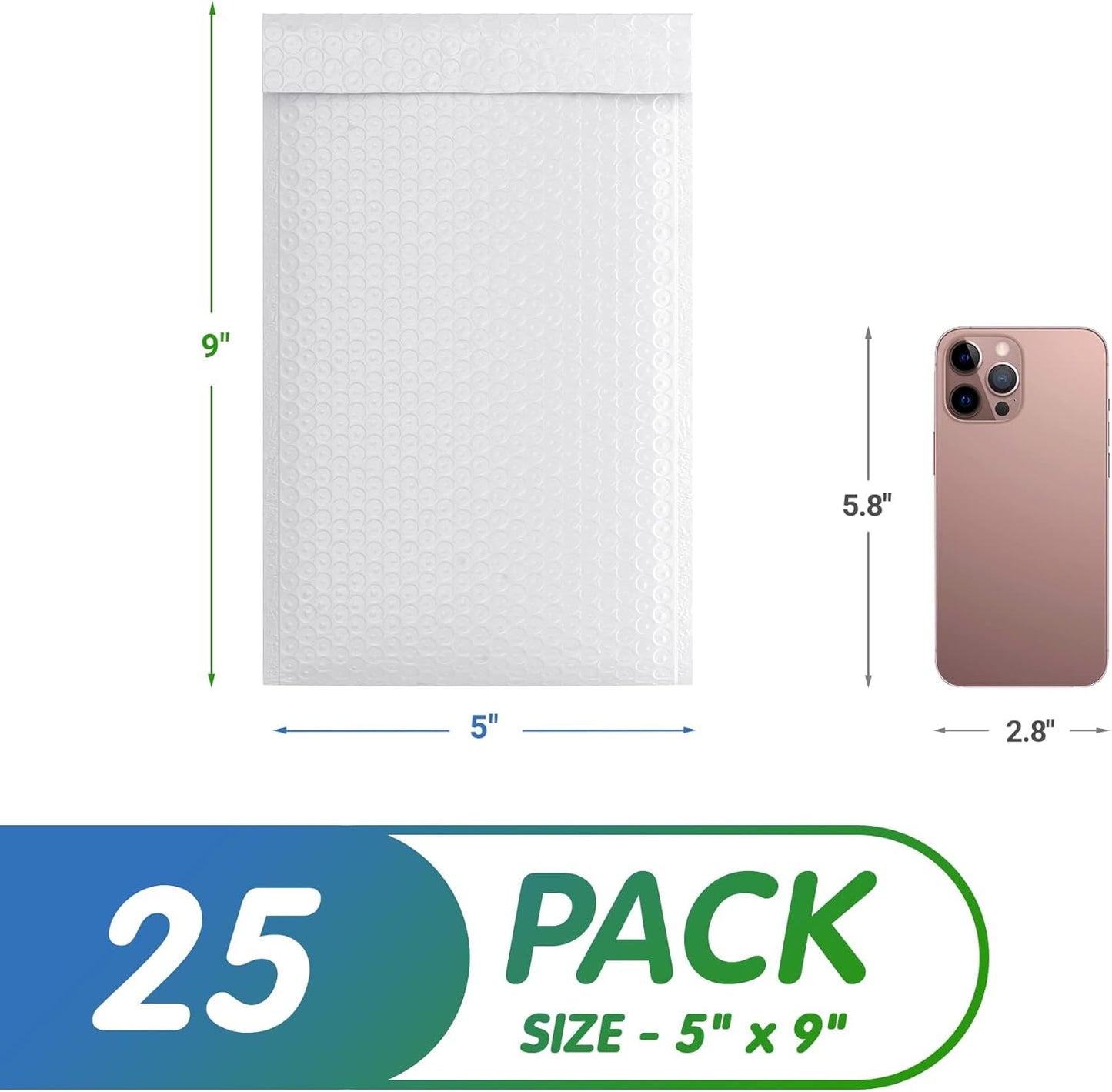 White Poly Bubble Mailers Self Seal, 5 x 9 Inch. Pack of 25 Bubble Packaging Envelopes for Shipping. Durable Padded Envelopes Waterproof. Self Seal Padded Mailers. Shipping Packages