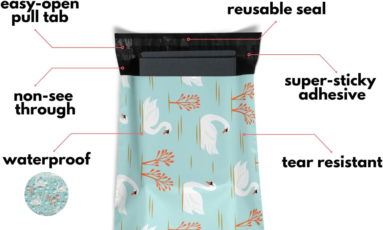 Poly Mailers 10x13 100 Pack | Self-Sealing Shipping Bags Envelopes for Small Business | Waterproof Durable Packaging | Swan | Teal Bird Floral | à la mode Mailers