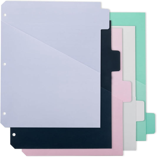 Y YOMA Colored 3 Ring Binder Dividers with Pocket Letter Size Paper Binder Tabs Page Dividers Cute Decorative Binder Index Dividers for Office School Home with 1/5-Cut Tabs, Fashion Color(5 Sheet)
