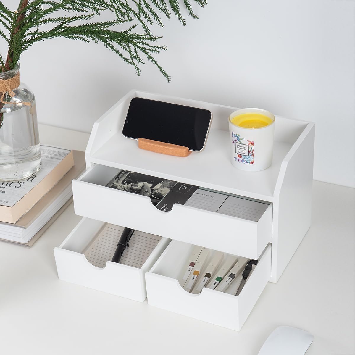 ROSE BLOOM White Wood Desk Organizer with 3 Drawer, Mini Cute Cabinet with Storage Shelf for Tabletop, Small Desktop Box Organizer for Cosmetic Office Supplies