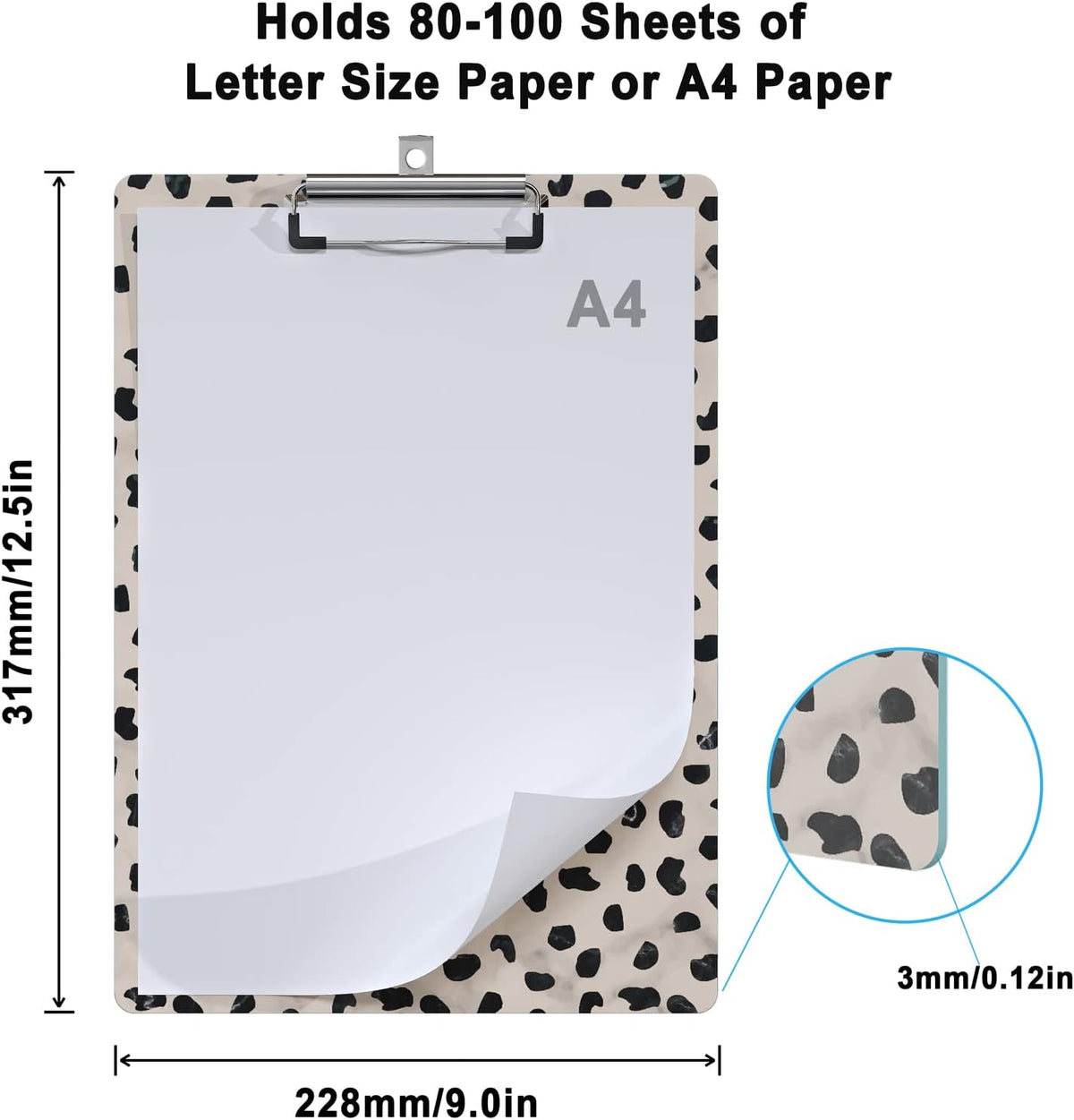Cute Clipboard Leopard Wood Design Decorative A4 Letter Size Clip Boards for Classroom Office, Standard Size 9" x 12.5" with Low Profile Metal Clip - Cheetah Spots