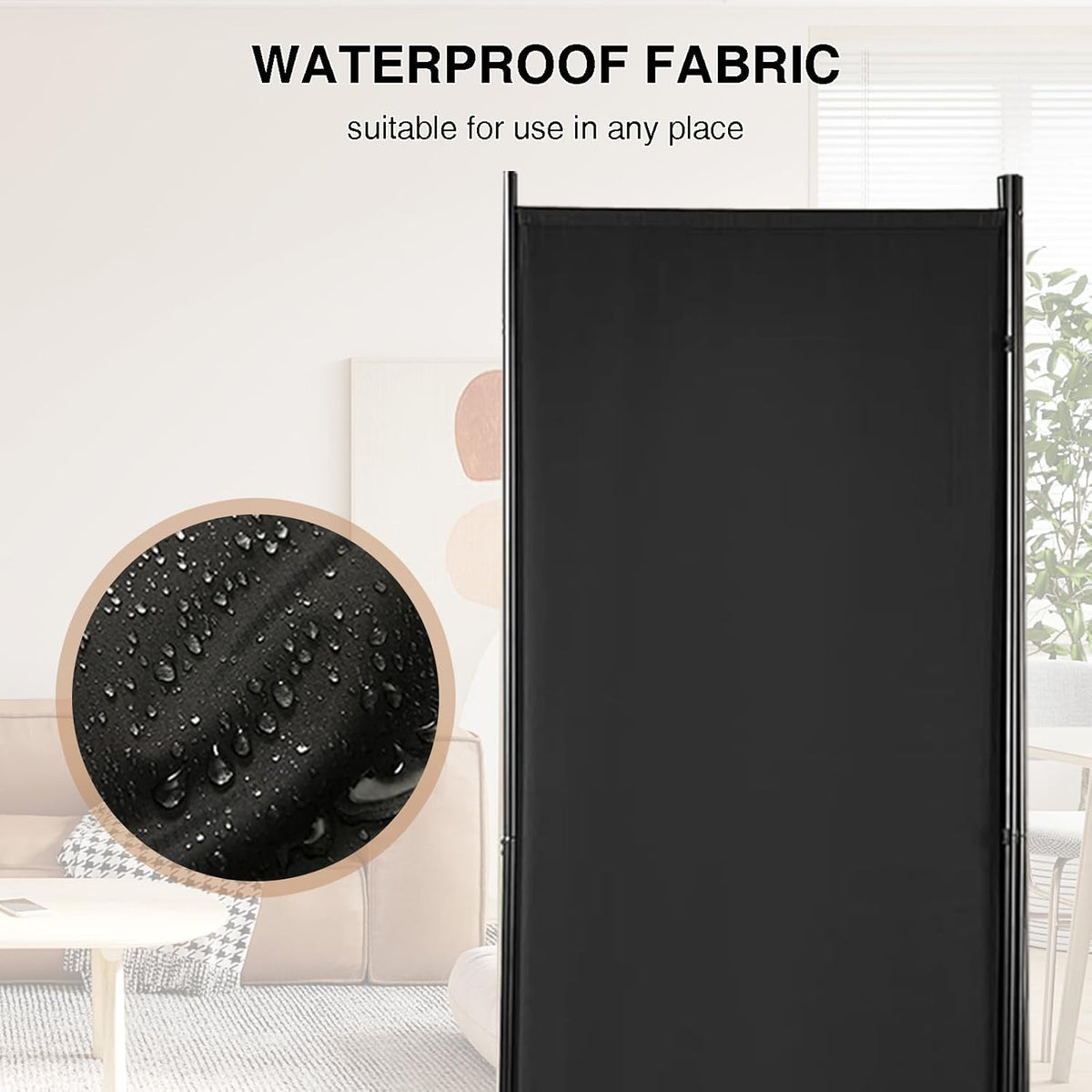Room Divider 6-Panel Privacy Screen, Portable Screen Steel Frame with Hook&Loop for Home, Office, Classroom, Studio, Meeting (Black)