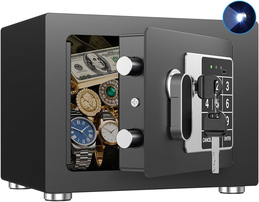 Small Home Safe, 6.7”D x 9”W x 6.7”H, Electronic Keypad Lock Security Box for Cash, Jewelry, Passport, Hidden Safe for Closet, College Dorm Room, Black