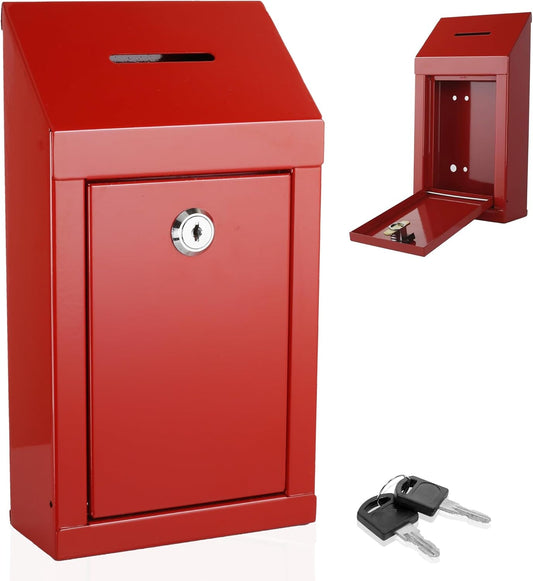 Metal Donation Box-Suggestion Box with Slot and lock-Cash Lock box for Money-Secure Drop Box-Comment and ballot voting box-comes with pre-drilled holes for easy wall mounting 10 X 6 X 2.5"(Red)