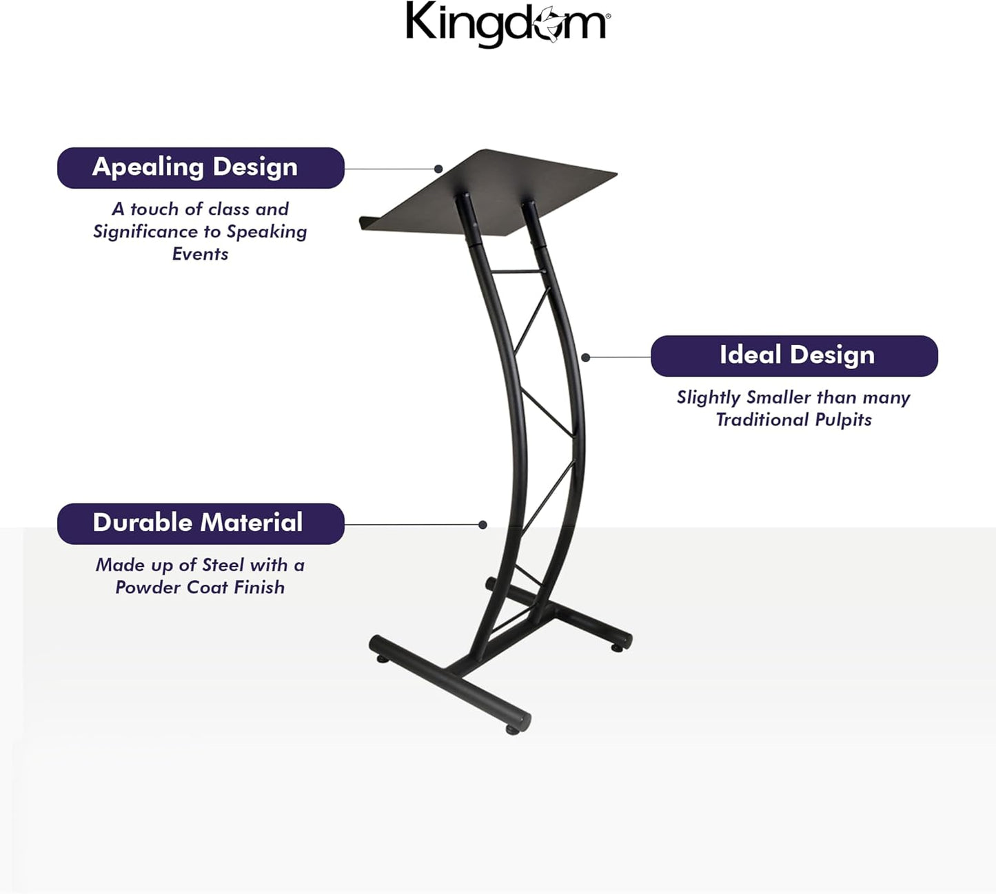 Kingdom KML8CB All Metal-Constructed Curved Lectern with “H” Style Base, Stand up Church Pulpit, Slanted Lectern, Conference Podium for Speakers, Speeches, Other Occasions, Powder Coat Finish Black